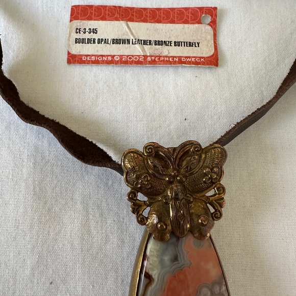 Stephen Dweck Boulder Opal Brown Leather and Bronze Butterfly Pendant Necklace - Picture 6 of 12